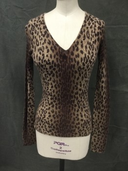 Womens, Pullover, SAKS FIFTH AVE, Brown, Dk Brown, Lt Brown, Cashmere, Animal Print, XS, Leopard-like Pattern, V-neck, Long Sleeves, Ribbed Knit Neck
