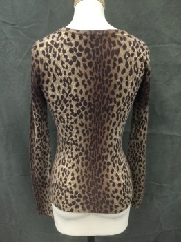 Womens, Pullover, SAKS FIFTH AVE, Brown, Dk Brown, Lt Brown, Cashmere, Animal Print, XS, Leopard-like Pattern, V-neck, Long Sleeves, Ribbed Knit Neck