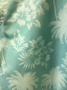 Mens, Swim Trunks, TRUNKS, Sea Foam Green, Polyester, 2 Color Weave, Floral, W 36, L, Velcro Fly, Elastic Waist, Tie Front, 3 Pockets, Dk & Lt Seafoam, Hawaiian Floral Print