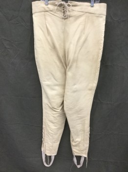 M.B.A. LTD., Cream, Cotton, Solid, Military Uniform, Brushed Cotton, Fall Front, Gold Buttons, Ankle Length, Lace Up Side Seam Calf, Open Vent with Lace Ties at Center Back Waist, 1 Pocket, 1 Watch Pocket, Suspender Buttons, Stirrups, Aged/Distressed,  Made To Order Reproduction Late 1700's Early 1800's