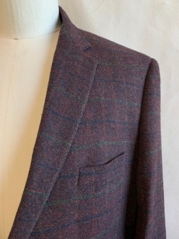Mens, Sportcoat/Blazer, PIERRE CARDIN, Red Burgundy, Black, Navy Blue, Brown, Wool, Plaid, 50 XL, Single Breasted, 2 Buttons, Notched Lapel, 4 Buttons Cuff, Dark Brown Elbow Patches, 3 Pockets