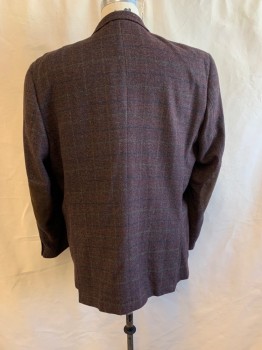 Mens, Sportcoat/Blazer, PIERRE CARDIN, Red Burgundy, Black, Navy Blue, Brown, Wool, Plaid, 50 XL, Single Breasted, 2 Buttons, Notched Lapel, 4 Buttons Cuff, Dark Brown Elbow Patches, 3 Pockets