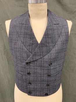 Mens, 1930s Vintage, Suit, Vest, MTO/ COSPROP, Black, Gray, Wool, Plaid, Plaid-  Windowpane, 40R, Double Breasted, Peaked Lapel, 2 Pockets, Vest, Satin Back with Self Attached Back Belt,