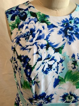 CALVIN KLEIN, White, Blue, Aqua Blue, Green, Polyester, Spandex, Floral, Scoop Neck, Zip Back, 2.75" Waistband, A-line Skirt