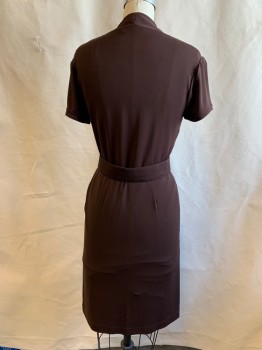 Womens, Dress, Short Sleeve, BCBG, Chocolate Brown, Acetate, Nylon, Solid, B 36, Xs, W 27, Crossover V Front, Vertical Pleats From Shoulders, Short Sleeves, Band Cuff, Pleated Skirt at Waist Seam, 2 Pockets, Self Belt with Buckle