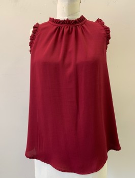 Womens, Top, JELLA C, Red Burgundy, Polyester, Solid, M, Crew Neck, Sleeveless, Ruffle Trim, Button Closure in Back of Neck