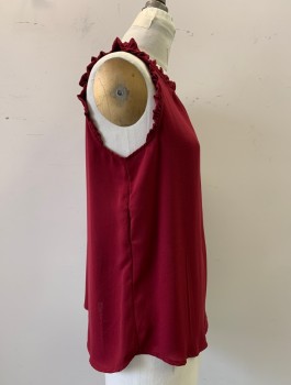 Womens, Top, JELLA C, Red Burgundy, Polyester, Solid, M, Crew Neck, Sleeveless, Ruffle Trim, Button Closure in Back of Neck