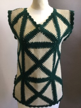Womens, Vest, TEASERS, Dk Green, Sand, Acrylic, Suede, Geometric, B 34, Scalloped V-neck, Scallopedtrim & Hem, Suede Patchwork, Pullover,