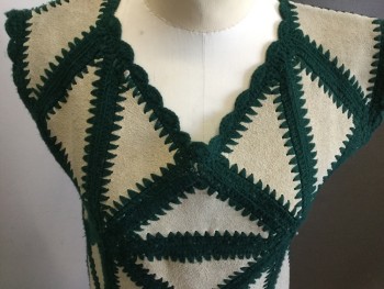 Womens, Vest, TEASERS, Dk Green, Sand, Acrylic, Suede, Geometric, B 34, Scalloped V-neck, Scallopedtrim & Hem, Suede Patchwork, Pullover,