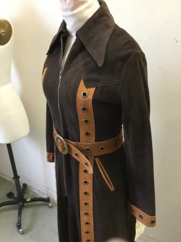Womens, Coat, BILL HARGATE, Dk Brown, Lt Brown, Suede, Solid, 36 B, M, 30 W, Zip Front, Collar Attached, Solid Brown Suede with Lt Brown Trim with Brass Grommet Detail Center Front & Center Back Stripes & Cuffs, Full Length, 2 Pockets, with Lt Brown Grommet Detailed Belt