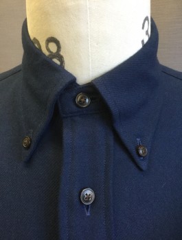 BROOKS BROTHERS, Navy Blue, Cotton, Wool, Solid, Flannel, Long Sleeve Button Front, Collar Attached, Button Down Collar, 2 Patch Pockets with Button Flap Closures