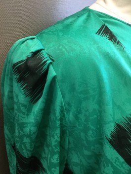 SALLY LOU, Emerald Green, Black, Polyester, Abstract , Solid, Top Half is Emerald with Black Pattern, Long Puffy Sleeves, Round Neck, Peplum Waist, Bottom is Solid Black, Knee Length,
