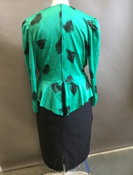 SALLY LOU, Emerald Green, Black, Polyester, Abstract , Solid, Top Half is Emerald with Black Pattern, Long Puffy Sleeves, Round Neck, Peplum Waist, Bottom is Solid Black, Knee Length,
