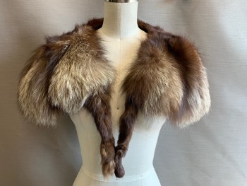 Womens, Fur, N/L, Brown, Cream, Fur, O/S, Fox Stole, 2 Tails Hanging From Front with Hook & Eye Closures