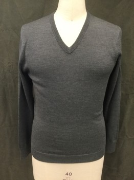 Mens, Pullover Sweater, J CREW, Heather Gray, Wool, S, V-neck, Long Sleeves, Ribbed Knit Neck/Waistband/Cuff