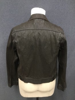 Mens, Jean Jacket, RALPH LAUREN, Dk Brown, Cotton, Solid, L, Leather Infused Cotton, Button Front, Collar Attached, 2 Flap Pockets, Long Sleeves, Button Tabs Back Waist