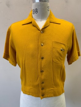 N/L, Goldenrod Yellow, Cotton, Solid, Short Sleeves, Button Front, Gold Embossed Buttons, 1 Pocket with Black and White Flags Embroidered Logo, Short Waisted Shirt Jacket Style, 2 Buttons at Side Waist,