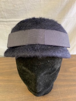 Womens, Hat, FREDERICK & NELSON, Navy Blue, Wool, Solid, Furry Texture, Grosgrain Bow in Front, Low, Flat Top, Cloche-like Shape,