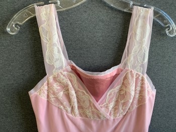 Womens, Sleepwear, N/L, Pink, Off White, Silk, Nylon, Solid, W 28, B 34, Pink Silk with Nylon Mesh Overlayer, White Lace Bust, V-neck, Sleeveless, Nightgown