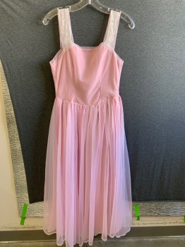 Womens, Sleepwear, N/L, Pink, Off White, Silk, Nylon, Solid, W 28, B 34, Pink Silk with Nylon Mesh Overlayer, White Lace Bust, V-neck, Sleeveless, Nightgown