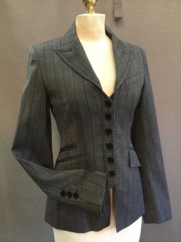 Womens, Suit, Jacket, KAREN MILLEN, Black, Blue, Wool, Spandex, Stripes, 6, Peaked Lapel with Dark Blue Top stitch Detail, 6 Button Front Closure with Faux Vest Effect. 4 Pockets ( 2 with Flaps) Panelled and Fitted Through Waist