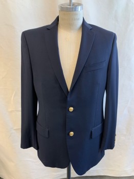 Mens, Sportcoat/Blazer, ALFANI, Navy Blue, Wool, Solid, 40R, Single Breasted, 2 Buttons, 3 Pockets, 4 Button Sleeves, Notched Lapel, Double Vent