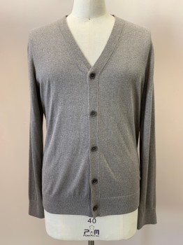 Mens, Cardigan Sweater, BANANA REPUBLIC, Gray, Beige, Silk, Cotton, 2 Color Weave, L, L/S, Button Front, V Neck