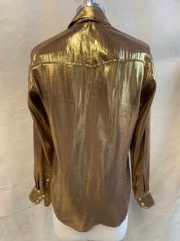 Mens, Shirt Disco, NL , Gold, Polyester, Spandex, 33/34, 14, Collar Attached, Snap Front, 2 Snap Pockets, Long Sleeves