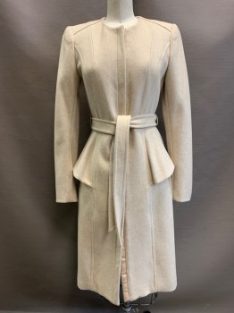 Womens, Coat, H&M, Beige, Wool, Polyamide, 2, with Matching Belt, High Structured Shoulders, Zip Front, Peplum, 2 Pockets