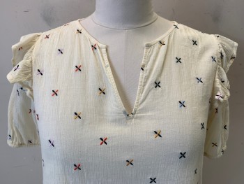 Womens, Top, MADEWELL, Ivory White, Cotton, L, S/S with Ruffle Cap, Multicolor "X" Embroidery, V-N Slash, Gauze