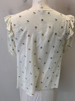 Womens, Top, MADEWELL, Ivory White, Cotton, L, S/S with Ruffle Cap, Multicolor "X" Embroidery, V-N Slash, Gauze