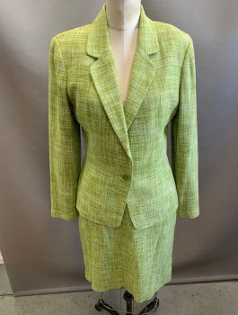 DANA BUCKMAN, Green, Cream, Tan Brown, Chartreuse Green, Silk, Tweed, Notch Collar, 1 Button.