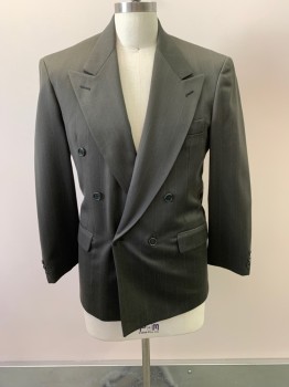 Mens, Suit, Jacket, ZEGNORELLI, Dk Olive Grn, Gray, Wool, Stripes - Pin, Peaked Lapel, Double Breasted, Button Front, 3 Pockets