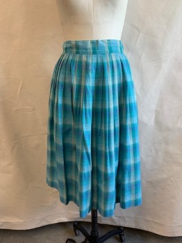 Womens, Skirt, ZENITH, Lt Blue, Multi-color, Cotton, Plaid, W27, Side Zipper, Pleated, Light Blue, Teal Green, White, and Light Gray Plaid