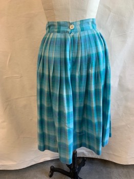 Womens, Skirt, ZENITH, Lt Blue, Multi-color, Cotton, Plaid, W27, Side Zipper, Pleated, Light Blue, Teal Green, White, and Light Gray Plaid