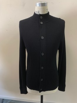Mens, Cardigan Sweater, BOSS, Black, Cotton, Viscose, Solid, M, Mock Neck, Button Front,