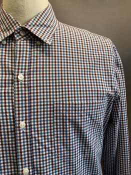 Mens, Casual Shirt, J CREW, White, Blue, Red Burgundy, Cotton, Gingham, 36-37, 17.5, L/S, Button Front, Collar attached, Chest Pocket