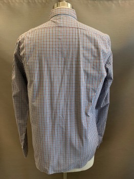 Mens, Casual Shirt, J CREW, White, Blue, Red Burgundy, Cotton, Gingham, 36-37, 17.5, L/S, Button Front, Collar attached, Chest Pocket