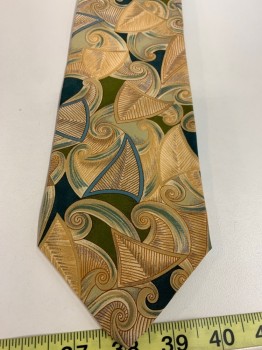 Mens, Tie, JOSEPH ABBOUD, Olive Green, Beige, Blue, Navy Blue, Multi-color, Silk, Triangles, Swirl , O/S, Four in Hand
