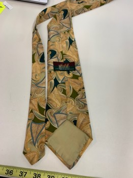 Mens, Tie, JOSEPH ABBOUD, Olive Green, Beige, Blue, Navy Blue, Multi-color, Silk, Triangles, Swirl , O/S, Four in Hand