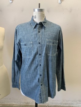 Mens, Casual Shirt, WALLACE & BARNES, Denim Blue, Cotton, Solid, 16.5, L, 34/35, Long Sleeves, Button Front, Collar Attached, 2 Pockets,
