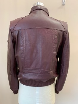 Mens, Leather Jacket, FANTASTIC INT, Maroon Red, Leather, Solid, 40, Zip Front, C.A., Bomber, Rib Knit Cuffs And Waistband, 3 Pckts 1 On Sleeve, Back/front Yokes, Quilted Lining