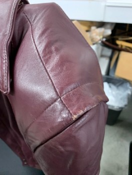 Mens, Leather Jacket, FANTASTIC INT, Maroon Red, Leather, Solid, 40, Zip Front, C.A., Bomber, Rib Knit Cuffs And Waistband, 3 Pckts 1 On Sleeve, Back/front Yokes, Quilted Lining