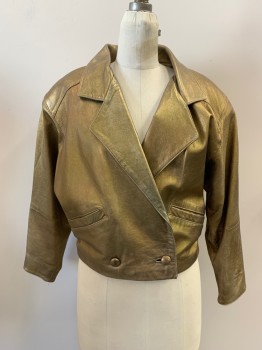 Womens, Leather Jacket, I. MAGNIN, Bronze Metallic, Leather, Solid, S, C.A., Notched Lapel, Double Breasted, 2 Bttns, 2 Pckts, Aged/Distressed,
