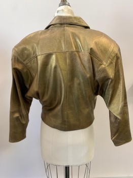 Womens, Leather Jacket, I. MAGNIN, Bronze Metallic, Leather, Solid, S, C.A., Notched Lapel, Double Breasted, 2 Bttns, 2 Pckts, Aged/Distressed,