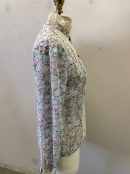 RAGO MUFFINS, Gray, Lt Blue, Lavender Purple, Dusty Green, Cream, Poly/Cotton, Floral, L/S, Button Front, Mandarin/Nehru Collar, Sheer Fabric, Lace Placement at Front, Collar & Sleeves,