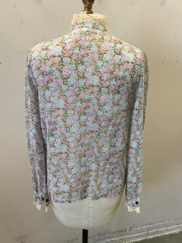 RAGO MUFFINS, Gray, Lt Blue, Lavender Purple, Dusty Green, Cream, Poly/Cotton, Floral, L/S, Button Front, Mandarin/Nehru Collar, Sheer Fabric, Lace Placement at Front, Collar & Sleeves,