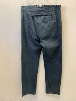 Mens, Historical Fiction Pants, NL, Indigo Blue, Dk Blue, Cotton, Stripes - Pin, 35, 34, Button Front, 4 Buttons on Front Waist, Adjustable Strap on Back, 4 Pockets