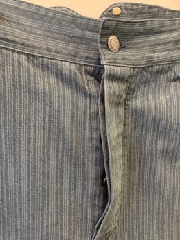 Mens, Historical Fiction Pants, NL, Indigo Blue, Dk Blue, Cotton, Stripes - Pin, 35, 34, Button Front, 4 Buttons on Front Waist, Adjustable Strap on Back, 4 Pockets