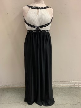 Womens, Evening Gown, QUIZ, White, Black, Polyester, Elastane, 10, Sheath, White Pleated Bodice, Triangle Cut Out Below Neckline, Black Straps with Sliver Sequins and Black Beads, Criss Cross Detail on Waist (Same As Straps), Black Skirt, Open Back,  Zip Back